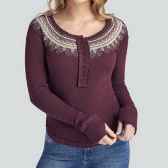 We The Free Tops - Burgundy Long Sleeve Henley Top with Lace Detail